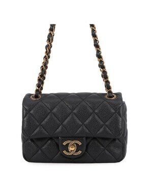 Chanel Chain Shoulder Bag Mini Quilted CC Logo Caviar Leather Black